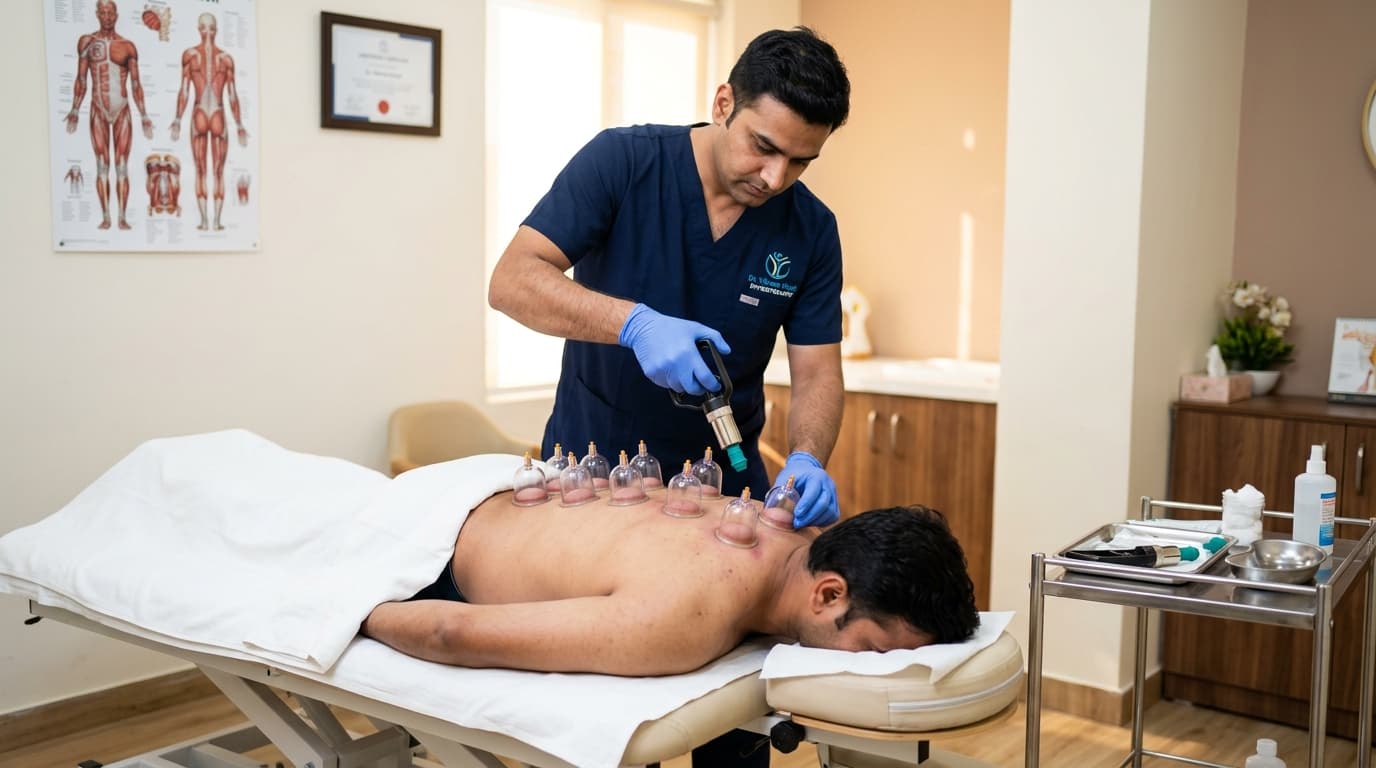 Male Therapist performing cupping therapy and Hijama on adult male patient at Therapy Care Patiala